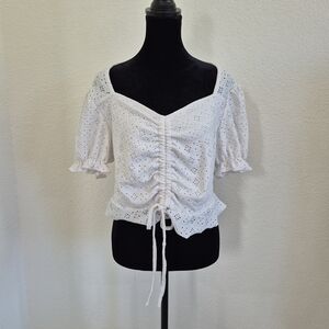 White Eyelet Ruched Tie-Front Blouse